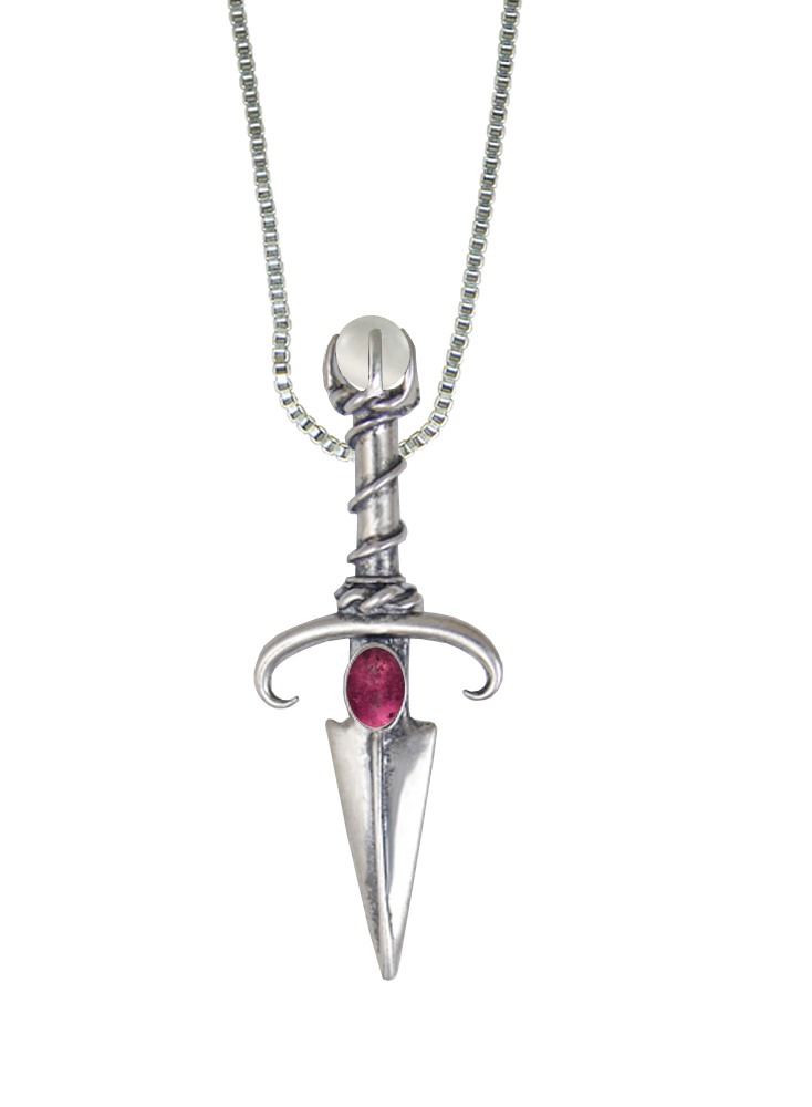 Sterling Silver Black Prince's Knife Dagger Pendant With Pink Tourmaline And a Clear Glass Bead